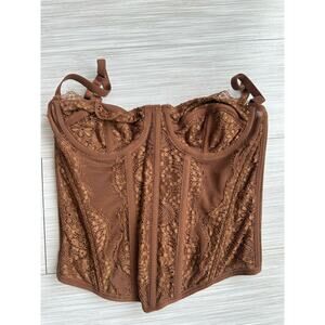 Brown Lace Boned Corset Top Hook & Eye Closure XXS Women's Nylon Spandex